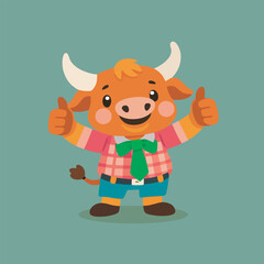 Obraz premium Boy with Cow Horns Smiling and Waving Cheerfully