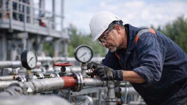 Industrial worker performing maintenance on a piping system