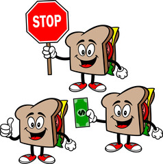 Sandwich Mascot Set 02, Hand Drawn illustrations of Sandwich Mascots in various poses.