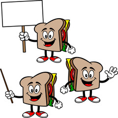 Sandwich Mascot Set 01, Hand Drawn illustrations of Sandwich Mascots in various poses.