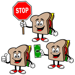 Sandwich Mascot Set 02, Hand Drawn illustrations of Sandwich Mascots in various poses.