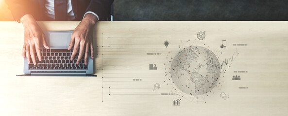 Global business network connecting digital economy and data exchange. Global business expands market, business shares data, global drives finance, and global business supports insight. Vouch