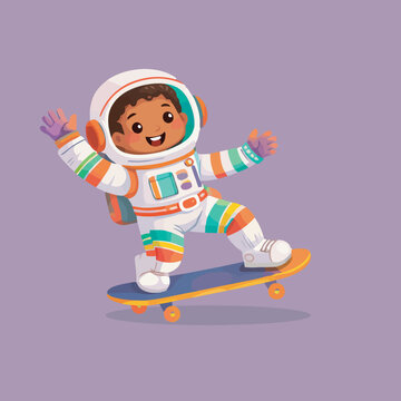 Astronaut Girl Skateboarding in Space with Smil