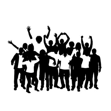 A group of people in black silhouette celebrating with raised arms
