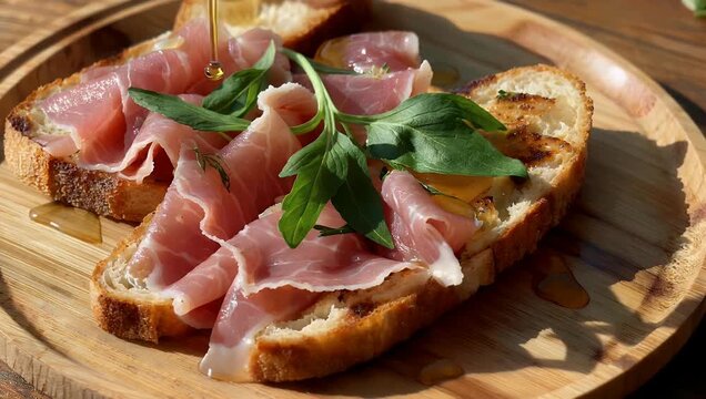 Gourmet 4K close up of fig prosciutto bruschetta garnished with basil honey on wooden serving board emphasizing artisanal food 