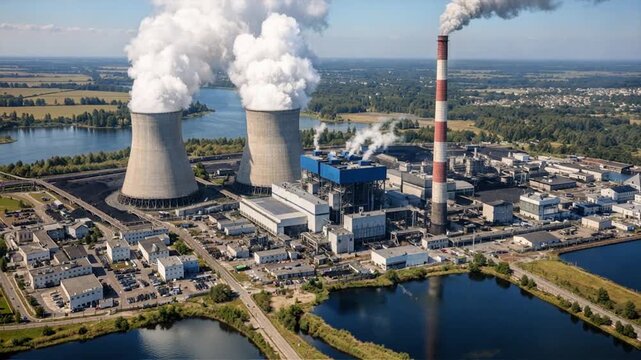 Aerial view of a large power plant by the river