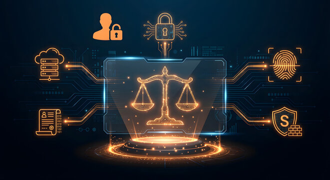 cyber law and digital justice concept with glowing orange scales of justice icon surrounded by biometric fingerprint lock data server and secure shield symbols on dark background