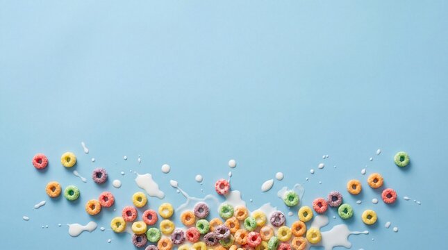 Colorful Cereal Rings and Milk Splashes: Flat Lay on Blue with Copy Space