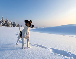 Fox Terrier Dog Standing in Snowy Winter Landscape, Focused Gaze.