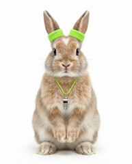 Obraz premium Rabbit wearing fitness headband and whistle on white background