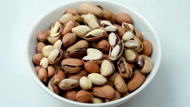 Crystal clear 4K extreme macro top view footage of raw peanuts shells rotating inside white bowl on white background emphasizing natural texture food ingredient 