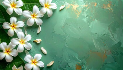 Elegant Plumeria Flowers on a Textured Green Background.