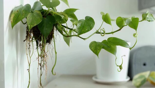 Ultra high quality 4K botanical footage of lush Epipremnum aureum sirih gading vines growing naturally highlighting decorative indoor plant beauty while emphasizing their role as natural air 