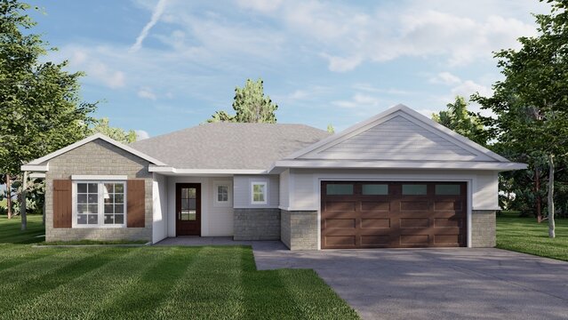 Modern Single Story Suburban House Exterior 3D Render Featuring Stone Veneer, White Siding, and Wooden Garage Door
