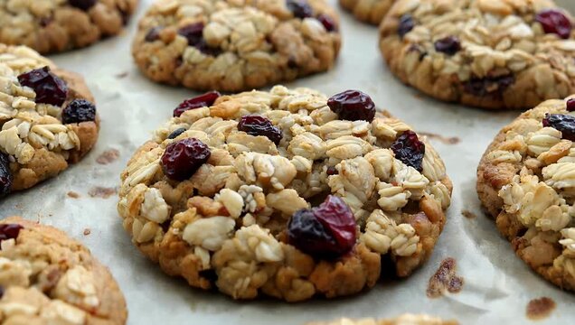 Professional 4K macro dolly shot of freshly baked oat biscuits with cranberries stacked tidy rows emphasizing crunchy texture wholesome ingredients bakery freshness food 