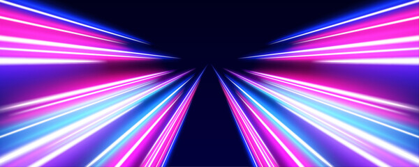 Futuristic neon lines form a fast-moving urban landscape. The glowing trails suggest speed, traffic, and digital flow. Ideal for transportation, logistics, and smart infrastructure visuals. © IvanLi
