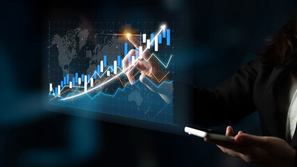 A business professional engages with digital data on a smartphone, displaying rising graphs and analytics in a modern office, symbolizing success and innovation. Impute