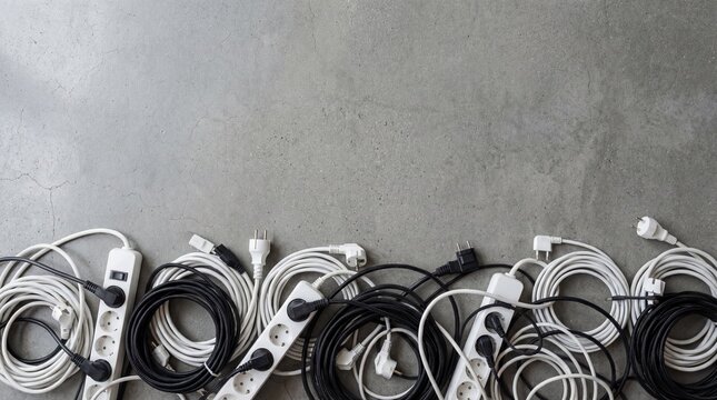 Flat Lay of Electrical Cables and Power Strips on Concrete