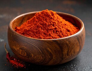 Aromatic Paprika Powder in Wooden Bowl with Chili Pepper.