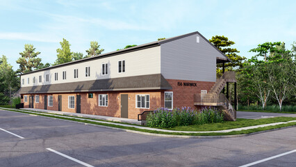 Modern two-story apartment complex exterior with red brick facade and parking lot, architectural 3D render