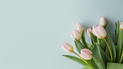 Delicate pink tulips against light blue background © Ramzan