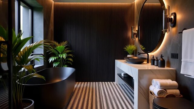Modern dark luxury bathroom interior with black bathtub, slat walls and tropical plants in a cinematic 3D rendering illustrating home design concepts