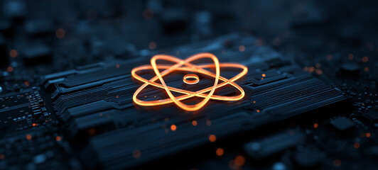 Glowing Atomic Symbol on Futuristic Microchip Representing Artificial Intelligence, Quantum Computing and Advanced Technology Innovation