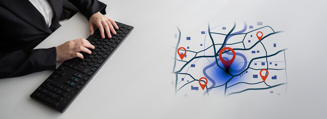 Concept of location tracking and GPS navigation. Map with pins marking a destination and points of interest for travel, delivery routes, or finding a specific address. Fermion