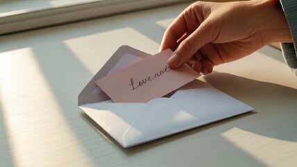 Hand writing love note in envelope