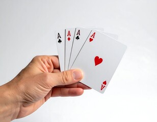 Hand Holding Four Aces Playing Cards on White Background.