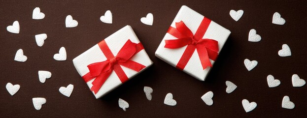 Obraz premium Wrapped gift boxes with red bows and scattered heart shapes on brown background
