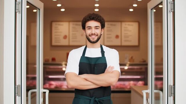 Confident young butcher opening the glass doors of a bright meat shop to welcome customers, illustrating small business success and friendly service.