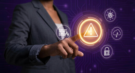 businesswoman touching glowing digital security interface with warning alert firewall lock and cloud icons representing cybersecurity risk management and data protection
