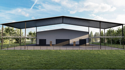 Fototapeta premium Modern Industrial Metal Warehouse and Large Covered Pavilion Architecture, 3D Render of Barndominium with Garage Bays and Lawn