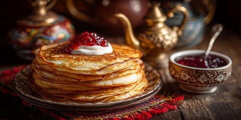 A stack of traditional Russian blini is served with sour cream, honey, and jam on a rustic wooden table. In the background, a glowing samovar evokes warmth and folk-style hospitality.