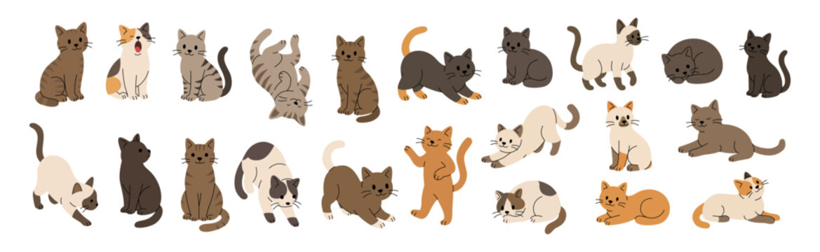 Adorable cartoon cats collection in playful poses. Flat vector illustration of kittens for kids, pet themes and cute animal designs