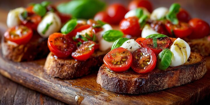 Italian bruschetta with cherry tomatoes, mozzarella, basil, and olive oil on rustic bread. Bold red, green and white food styling celebrating fresh Mediterranean flavor.