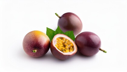 Passion fruit trio with open fruit and leaves