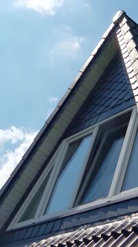 Slate roof dormer window with moving clouds