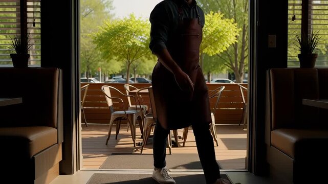 Male shop owner opening the metal rolling shutter of a diner to start the business day, revealing a bright sunny street and welcoming customers inside.