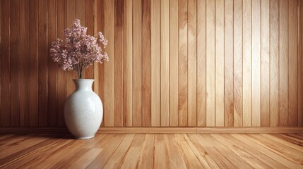 Smooth wooden paneling and flooring provide a warm backdrop for a pale ceramic vase holding blossoming branches