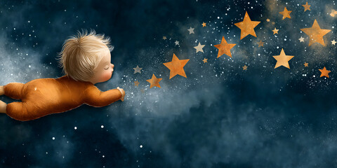Simple children's book illustration depicts tiny stars floating in space, small boy swims through these stars