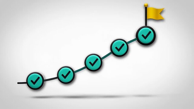 3D animated upward roadmap highlighting progress milestones with green checkmarks leading to a golden flag, symbolizing project success and achievement.