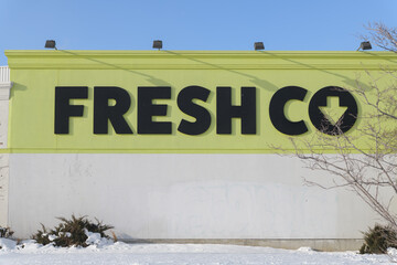 Naklejka premium exterior building facade and sign of FreshCo Leslie & Lakeshore (a supermarket) located at 731 Eastern Av, Toronto