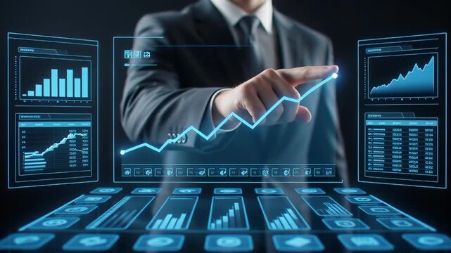 Businessman hand interacting with a glowing blue holographic dashboard displaying financial growth charts and data in a futuristic 3D animation concept.