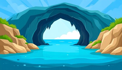 Cartoon Sea Cave Landscape with Turquoise Water and Rocky Cliffs.