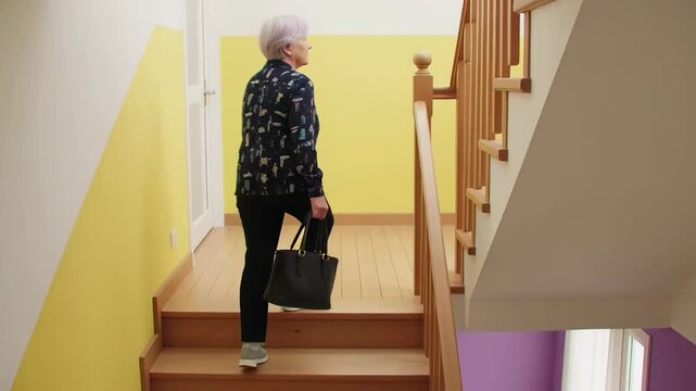 Senior woman with grey hair climbing wooden stairs at home carrying a black handbag, showcasing active aging lifestyle against yellow and purple walls