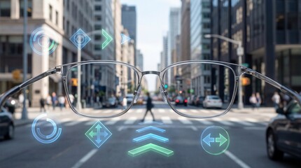 Futuristic First-Person AR Interface Over Modern City Street | Clean Technology Concept, Transparent HUD, Cinematic Focus