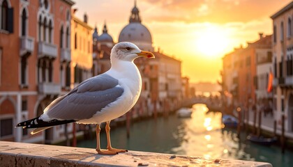 Seagull Perched in Venice at Sunset - A Serene Canal View.