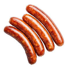 Four browned, savory, plump sausages arranged diagonally against a dark background